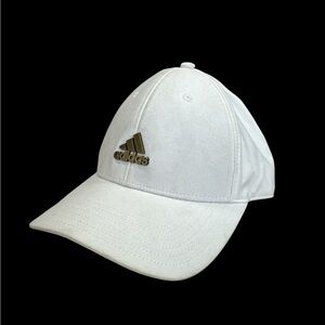 Adidas White Flexfit Hat L/XL Gold Metal Logo Performance Stretch